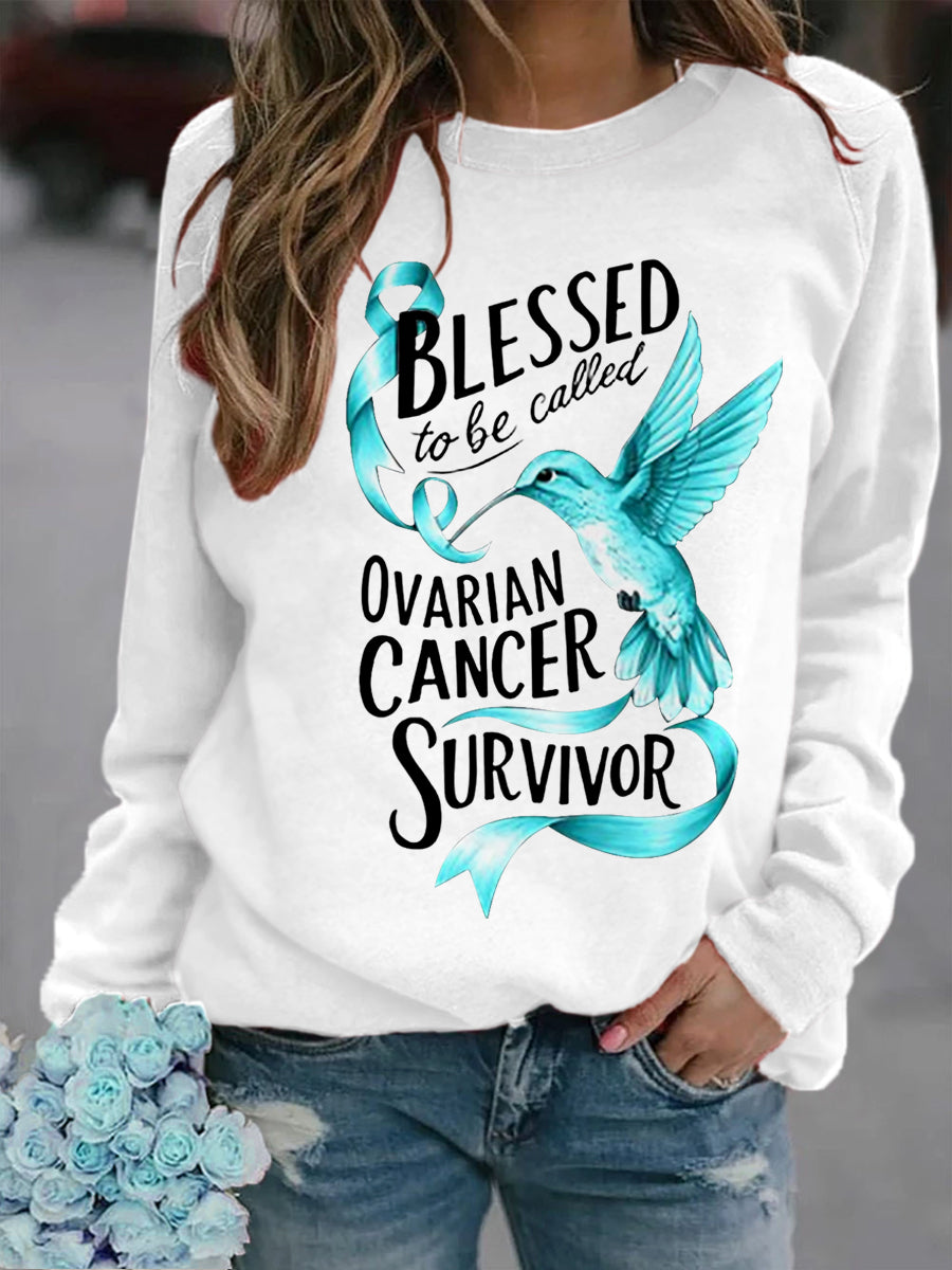 Women's Teal Ribbon Hummingbird Print Ovarian Cancer Awareness Sweatshirt