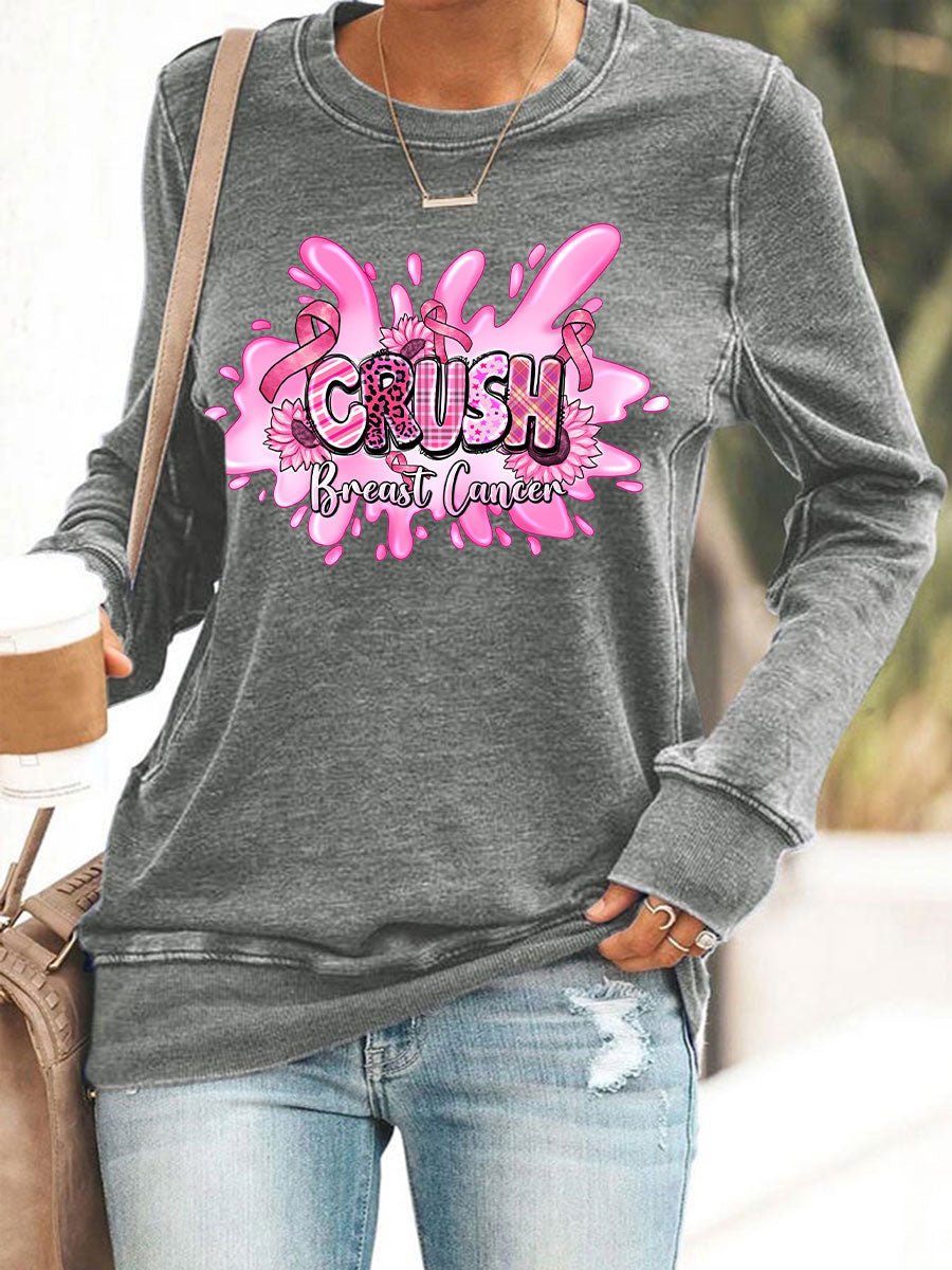 Women's Breast Cancer Awareness Pink Ribbon Print Casual Sweatshirt