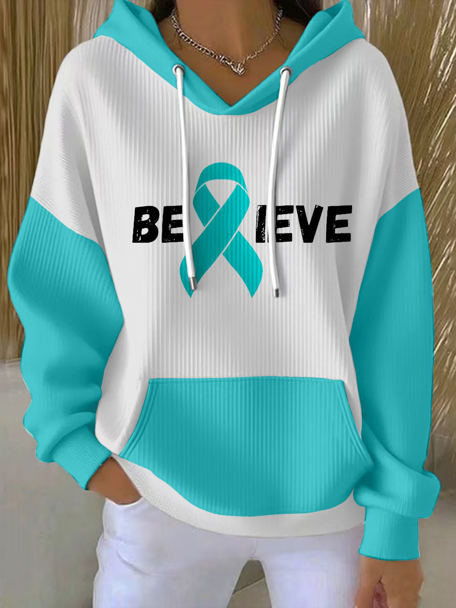 Women's Teal Ribbon Believe Ovarian Cancer Awareness Hoodie