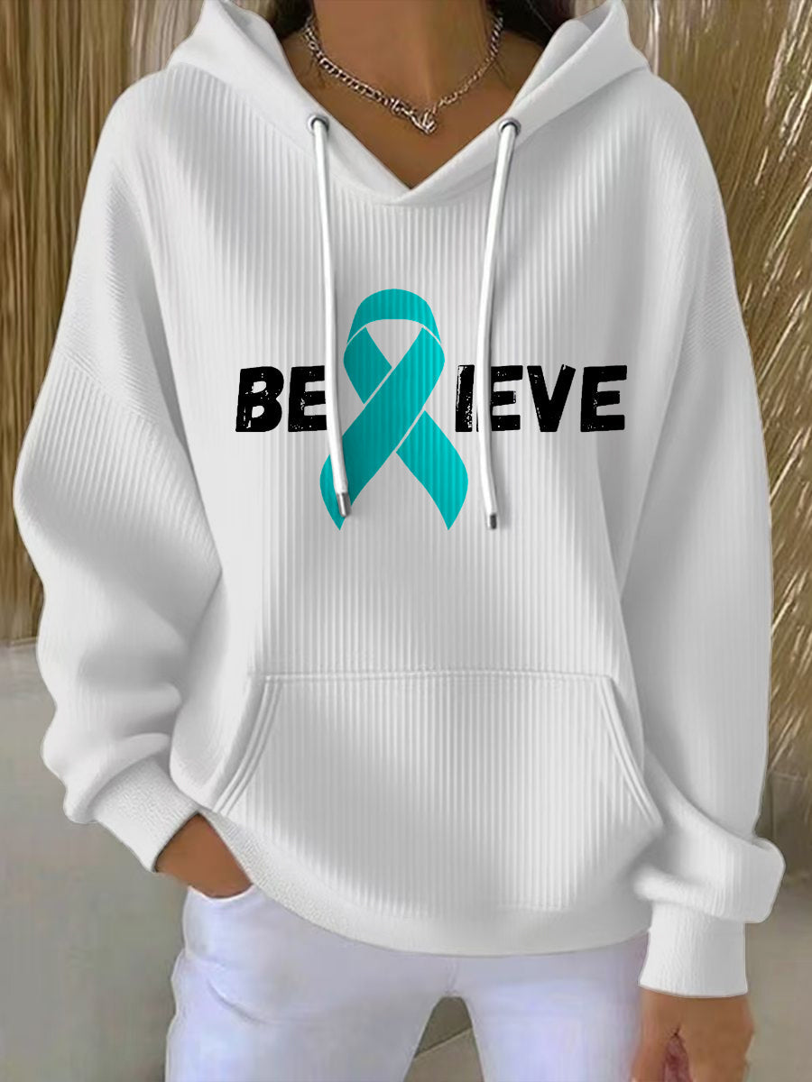 Women's Teal Ribbon Believe Ovarian Cancer Awareness Hoodie