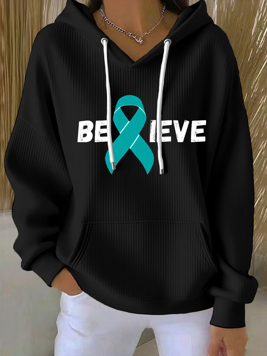 Women's Teal Ribbon Believe Ovarian Cancer Awareness Hoodie