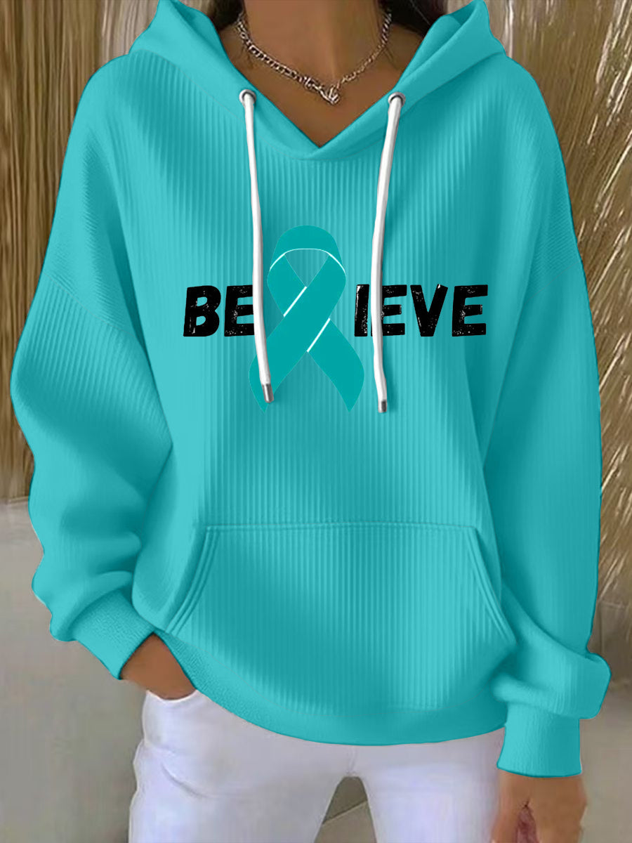 Women's Teal Ribbon Believe Ovarian Cancer Awareness Hoodie