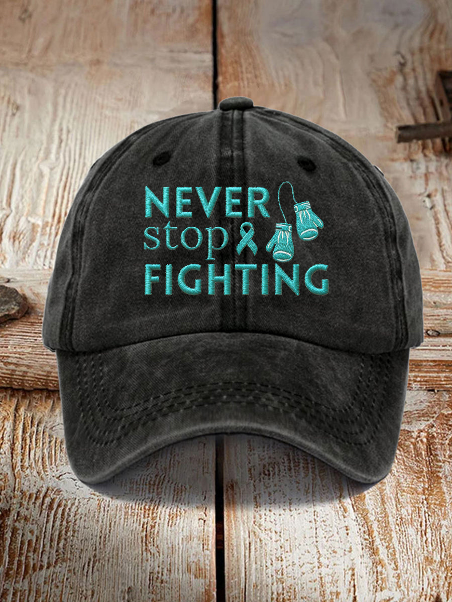 Unisex Never Stop Fighting Teal Ribbon Ovarian Cancer Awareness Hat