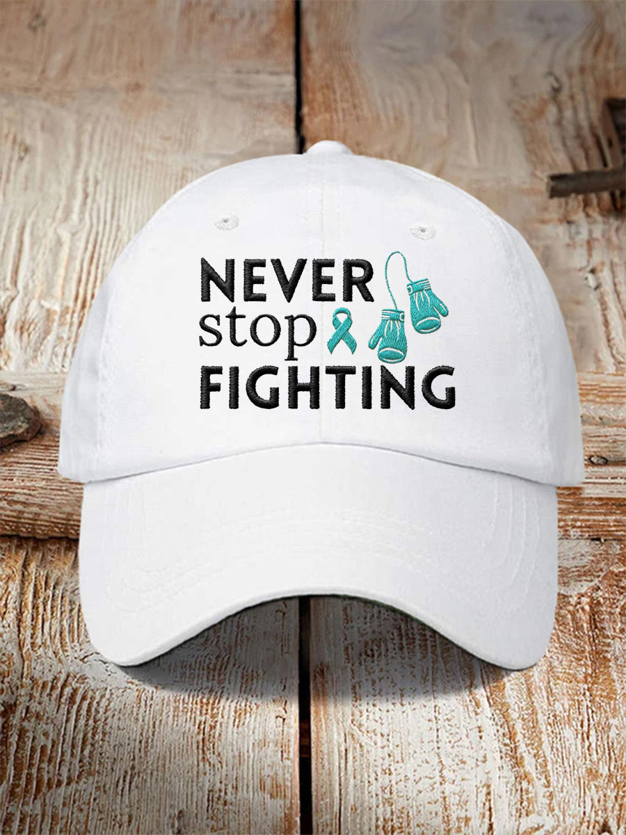 Unisex Never Stop Fighting Teal Ribbon Ovarian Cancer Awareness Hat