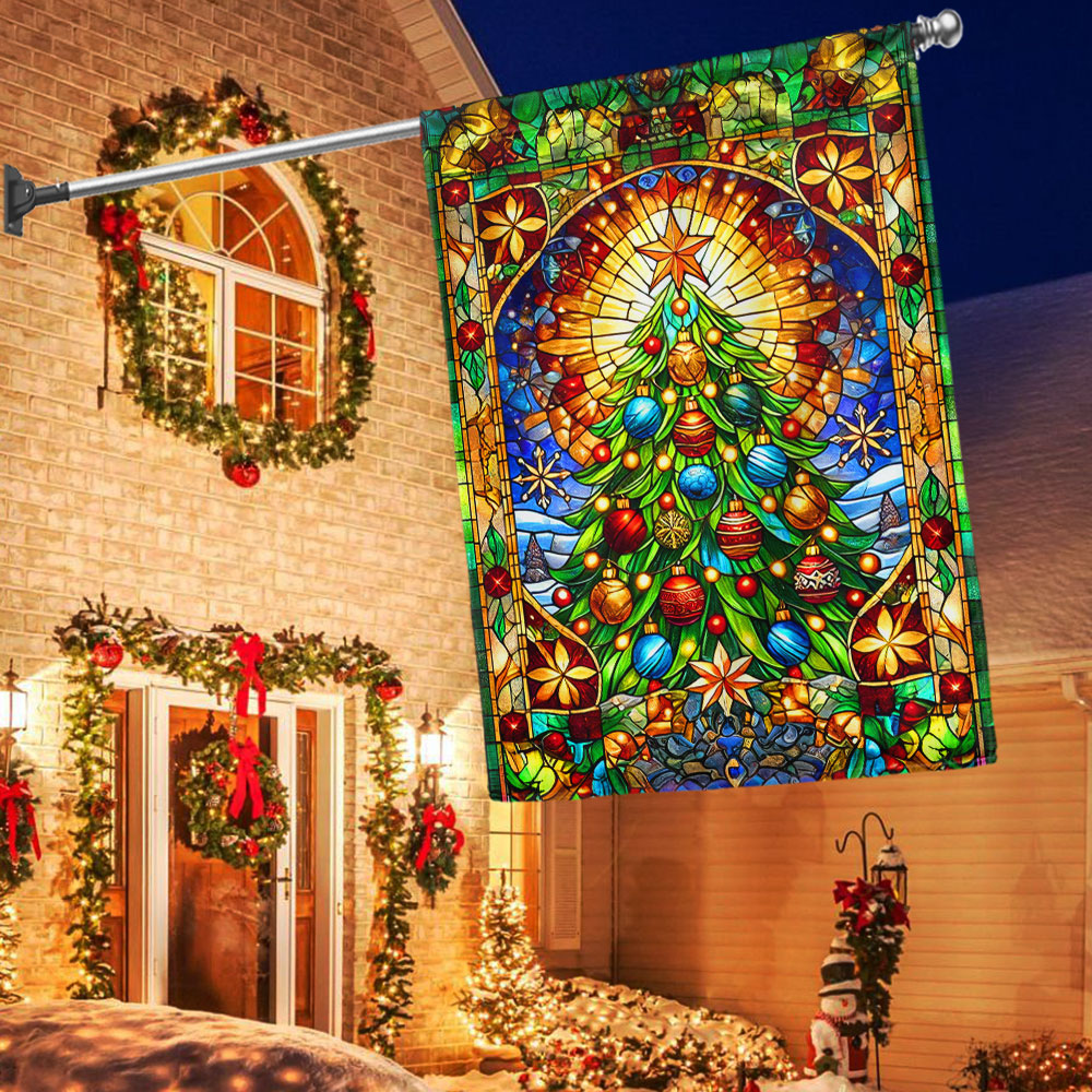 Stained Glass Christmas Tree Flag Merry Christmas - Liberish