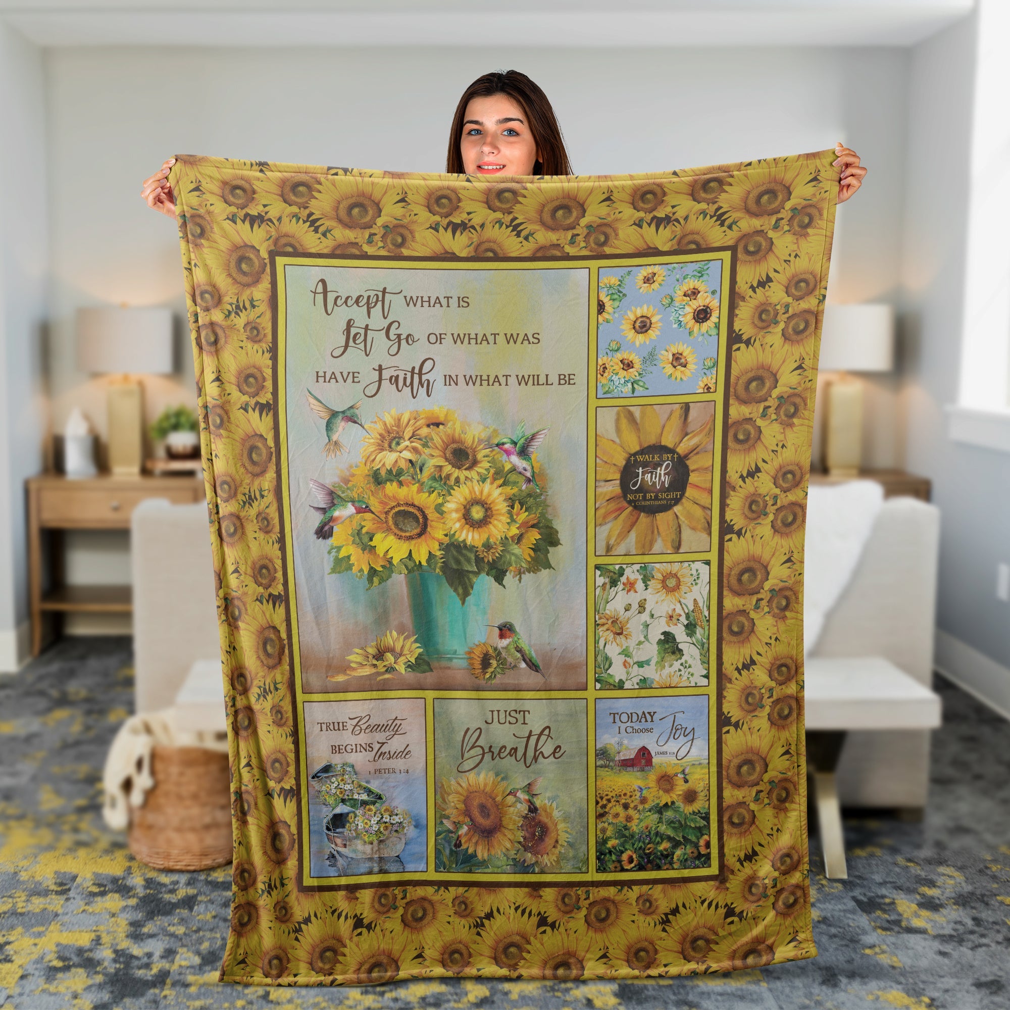 Sunflower Throw Blanket, Christian Blanket, Jesus Blanket, Faith Blanket, Inspirational Gift - Hummingbird And Sunflower, Have Faith In What Will Be