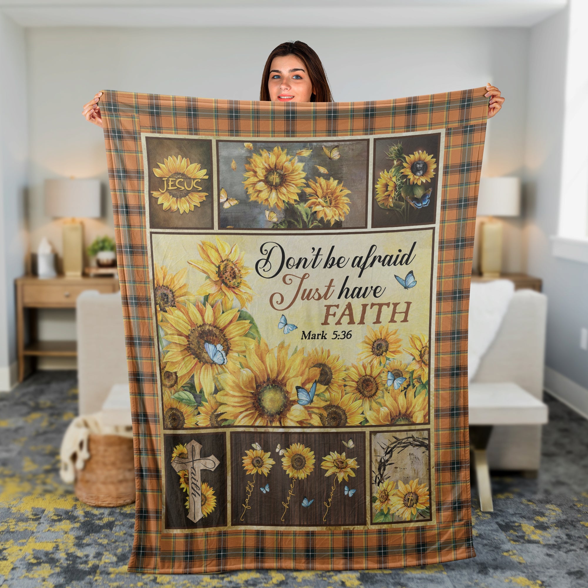 Sunflower Throw Blanket, Christian Blanket, God Blanket, Faith Blanket, Inspirational Gift - Blue Butterfly, Don't Be Afraid Just Have Faith