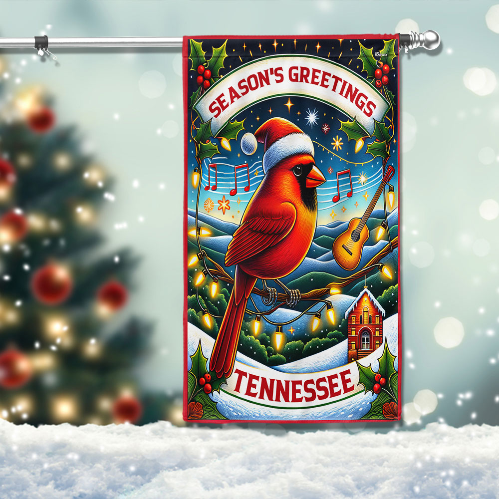 Tennessee Christmas Cardinal Season S Greetings Merry Christmas Flag - Liberish