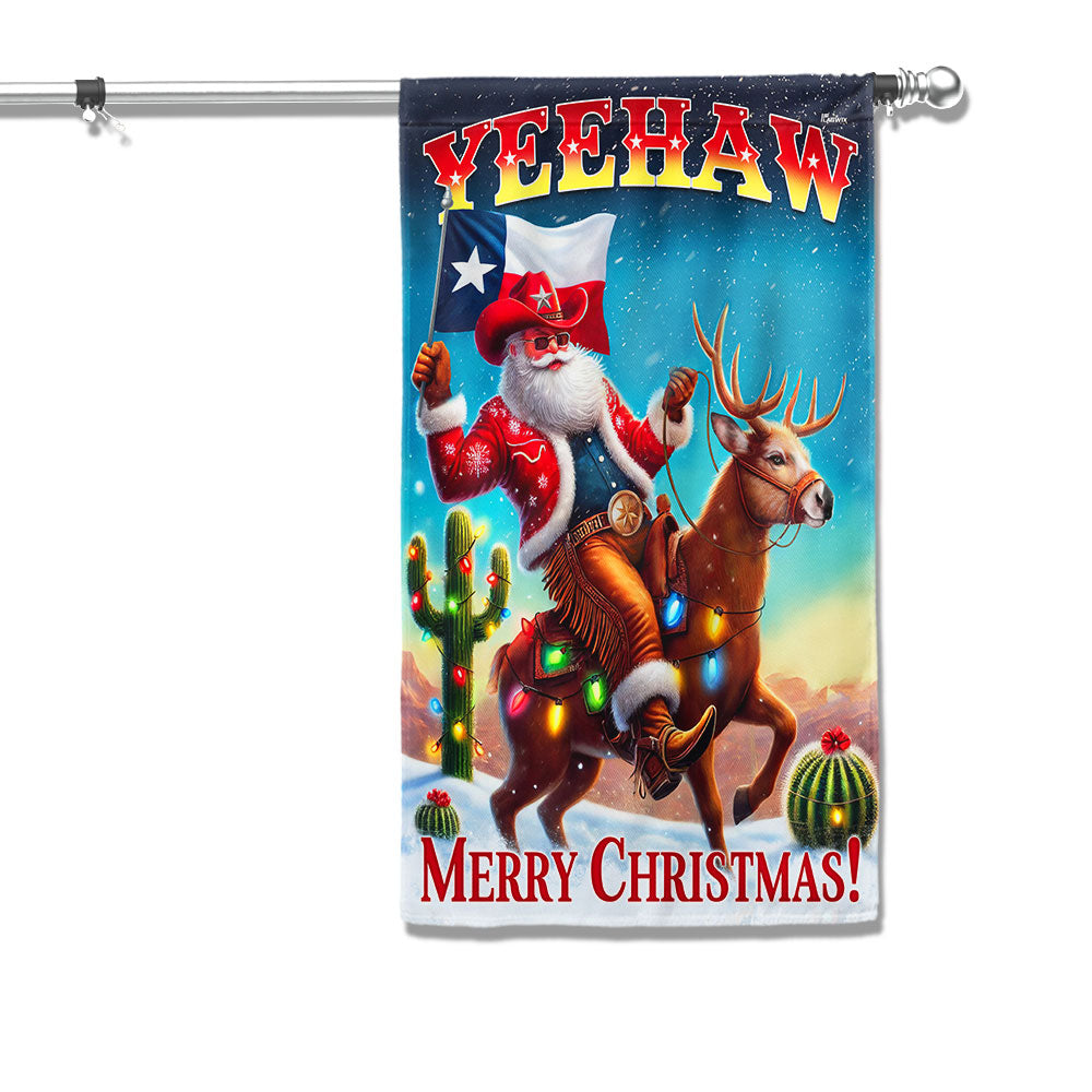Texas Christmas Cowboy Santa Riding Reindeer Yeehaw Flag - Liberish