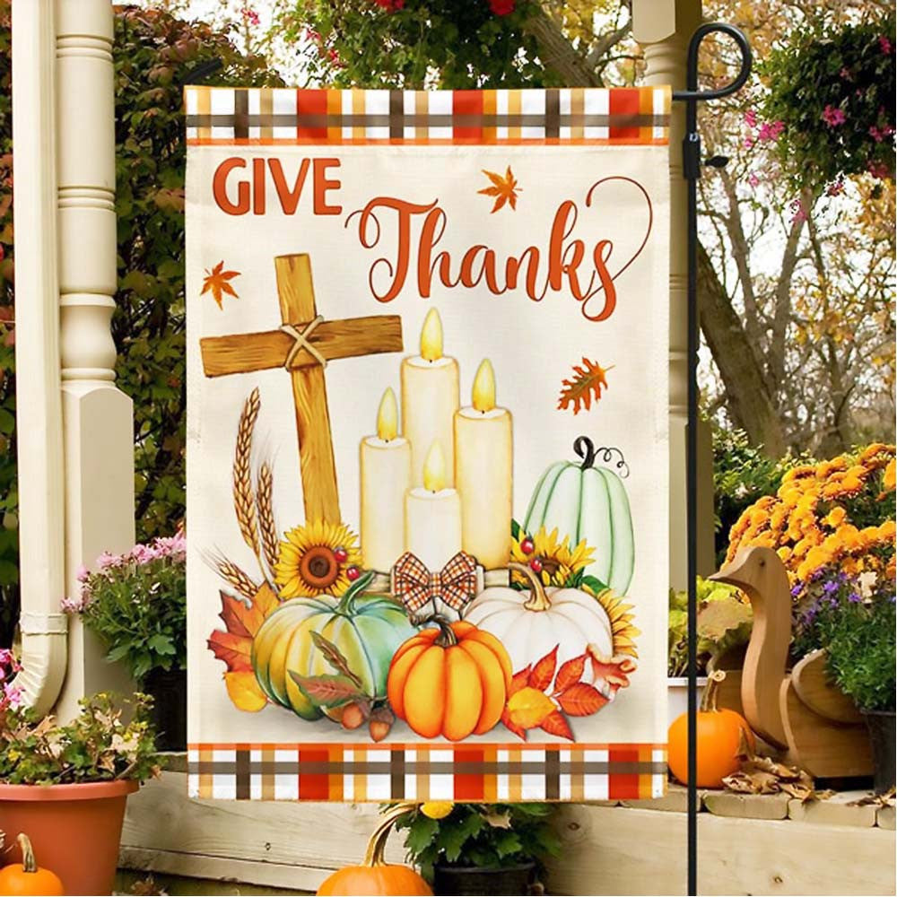 Thanksgiving Fall Flag Give Thanks Jesus Christ Cross Pumpkins Thanksgiving Flag Perfect Gift For Friend and Family on Halloween Day - Liberish