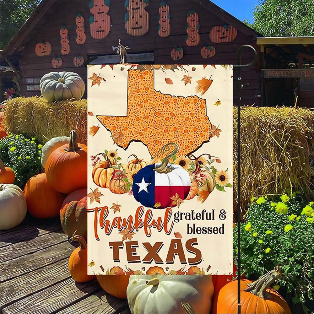 Thanksgiving Texas Flag Thankful Grateful And Blessed Pumpkin Fall Halloween Flag Unique Gift For Texans - Liberish