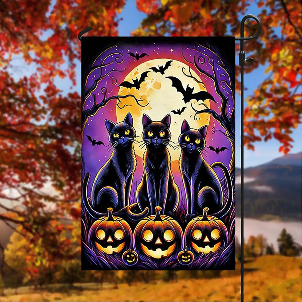Three Black Cats Halloween Flag Perfect Gift For Cat Lovers On Halloween Day - Liberish