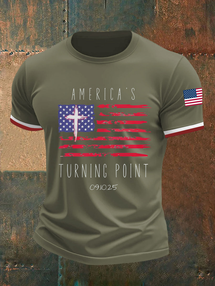 Turning Point Flag Cross short Sleeves T-Shirt Charlie Kirk Memorial Shirt