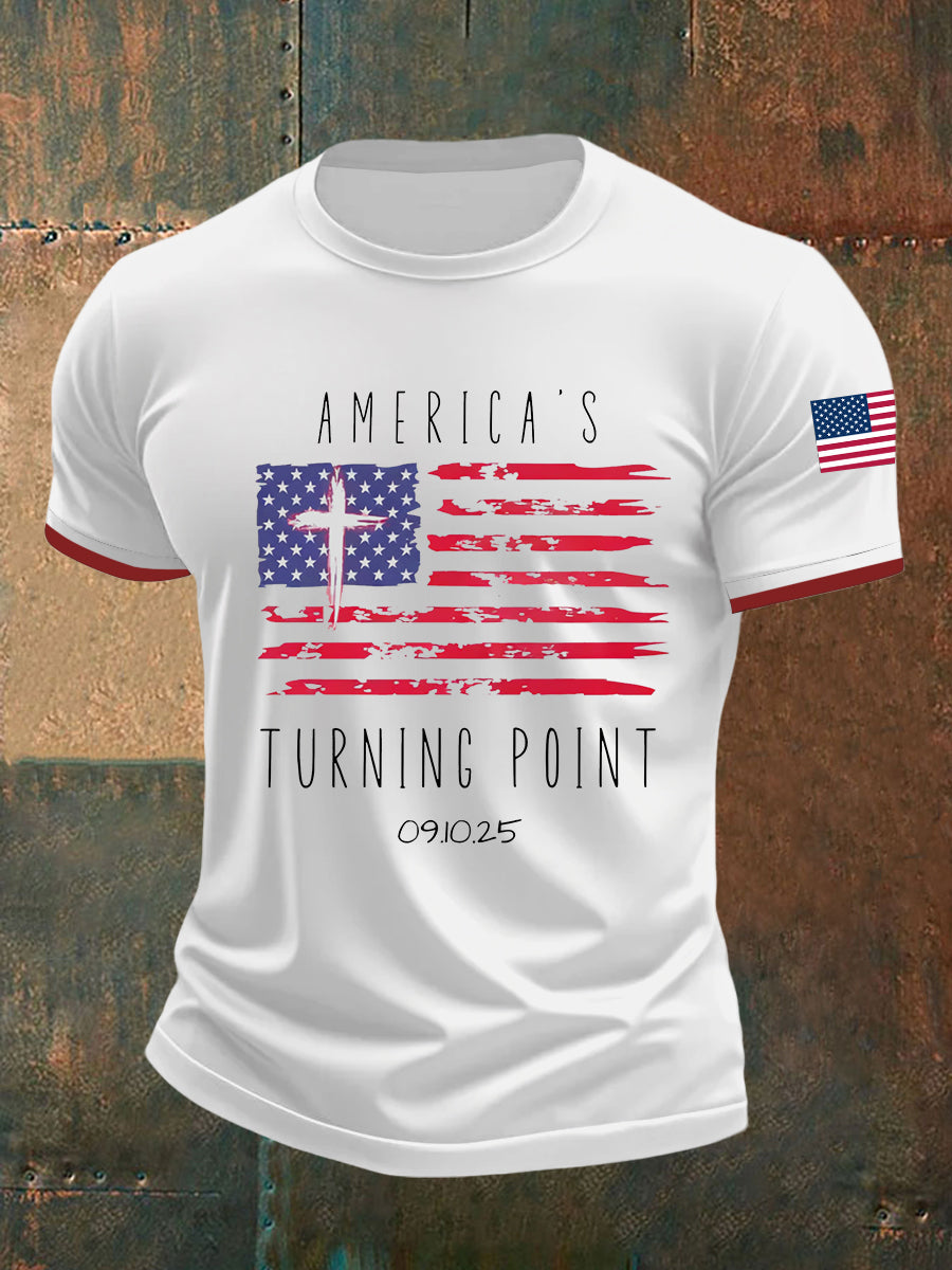 Turning Point Flag Cross short Sleeves T-Shirt Charlie Kirk Memorial Shirt
