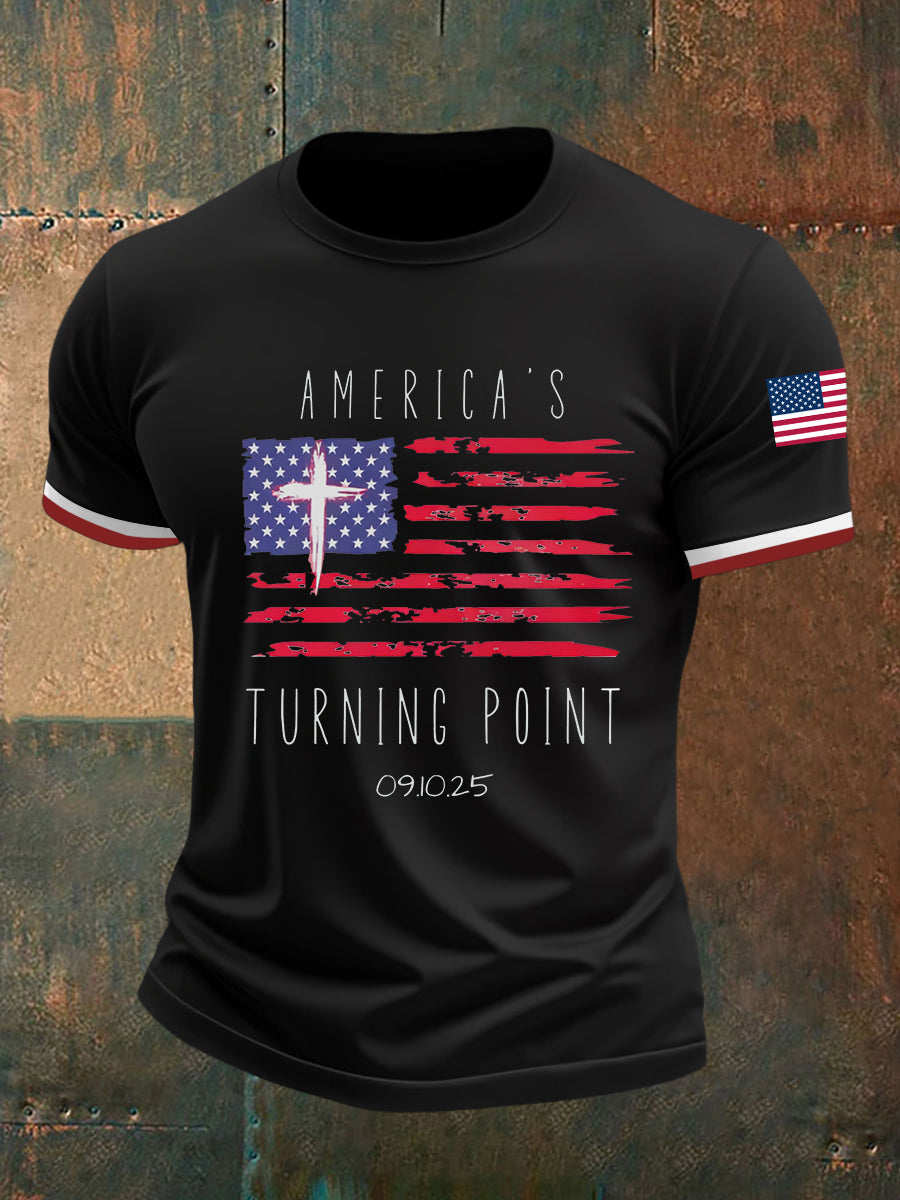 Turning Point Flag Cross short Sleeves T-Shirt Charlie Kirk Memorial Shirt
