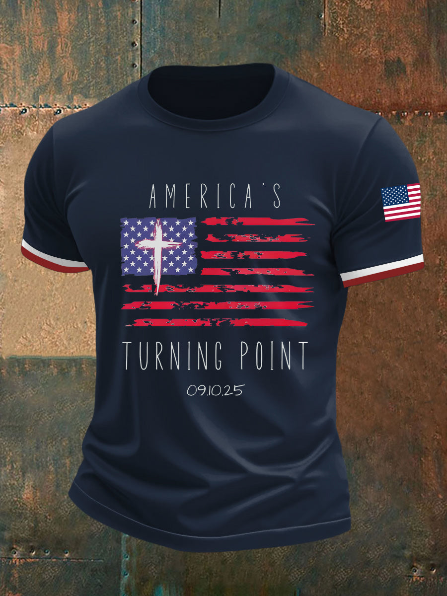 Turning Point Flag Cross short Sleeves T-Shirt Charlie Kirk Memorial Shirt