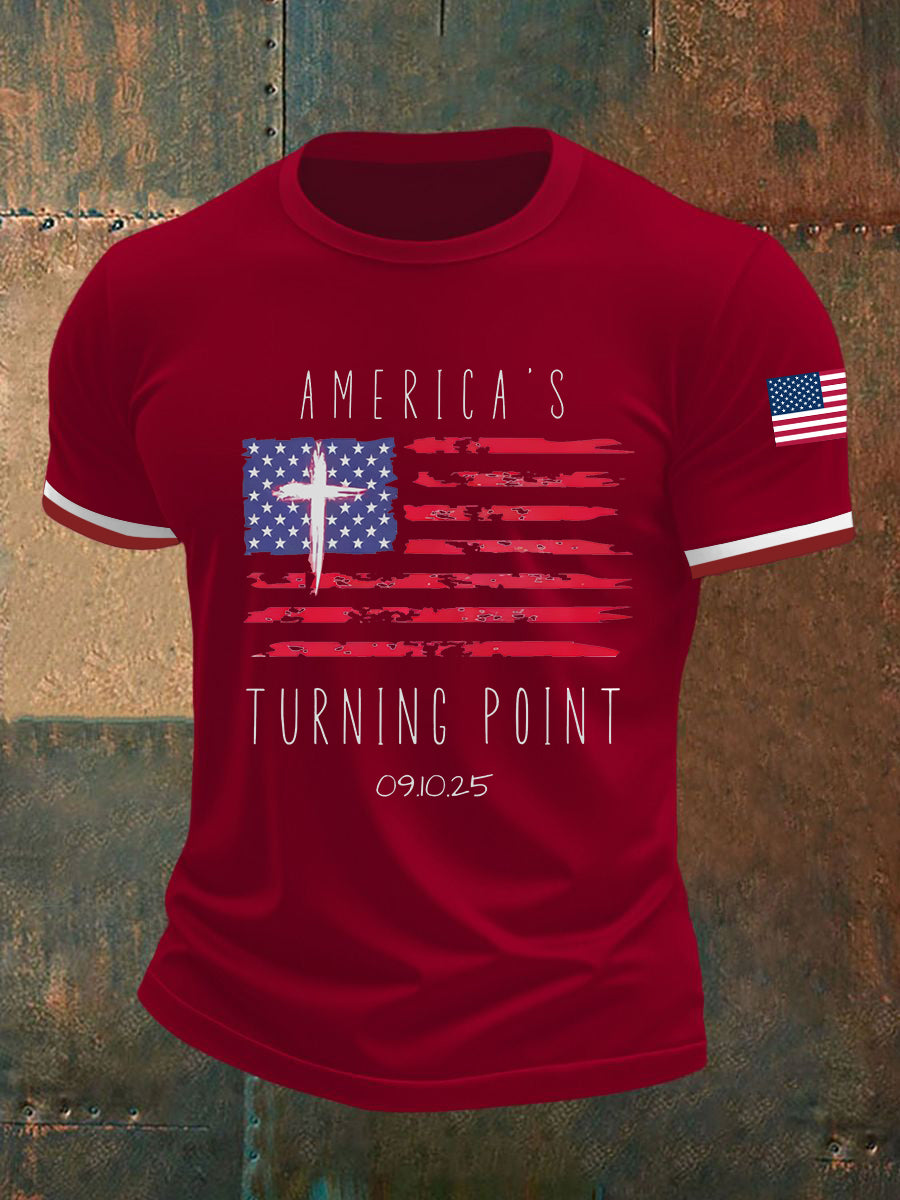 Turning Point Flag Cross short Sleeves T-Shirt Charlie Kirk Memorial Shirt