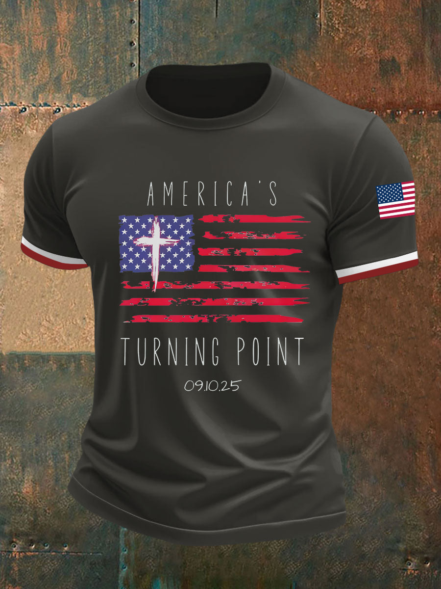 Turning Point Flag Cross short Sleeves T-Shirt Charlie Kirk Memorial Shirt