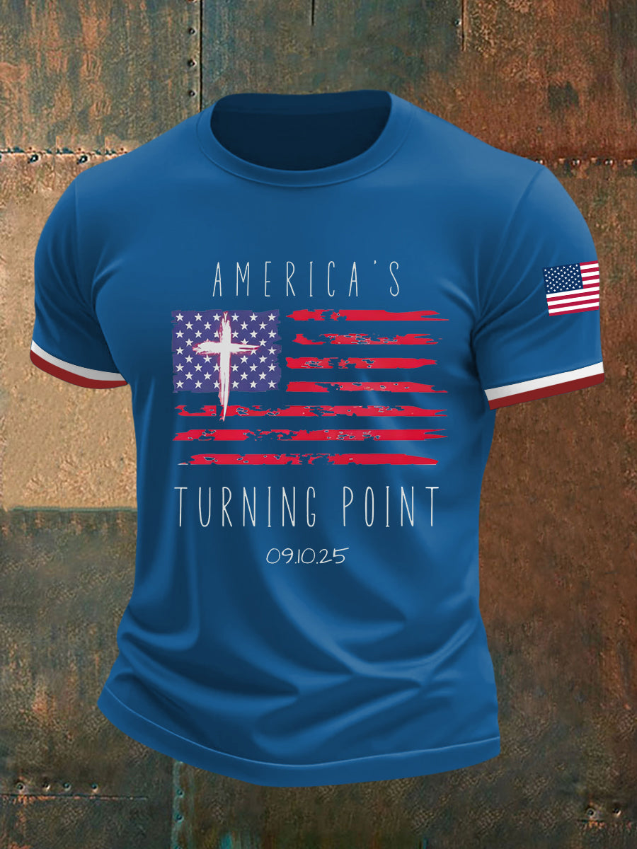 Turning Point Flag Cross short Sleeves T-Shirt Charlie Kirk Memorial Shirt