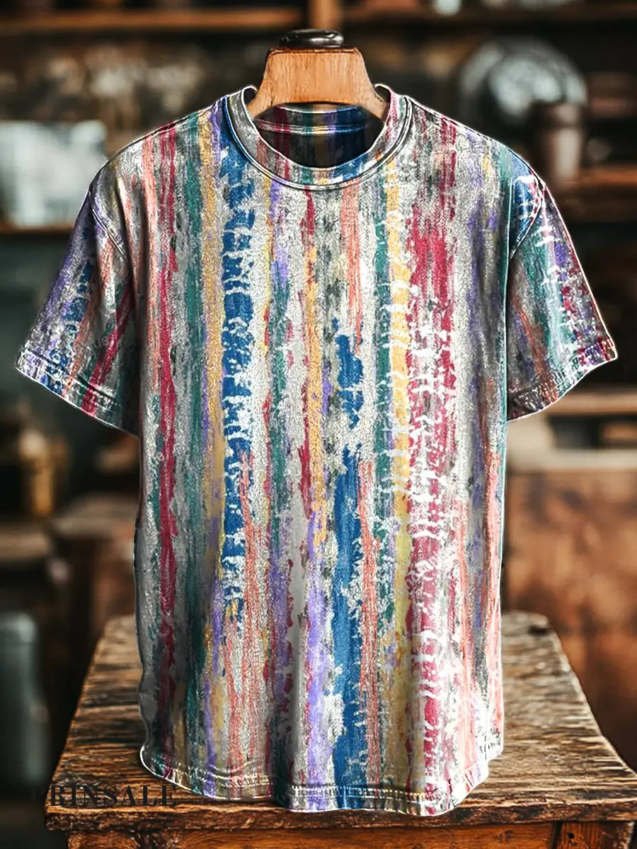 Unisex Retro Abstract Stripe Print Casual Loose Short Sleeve T-Shirt