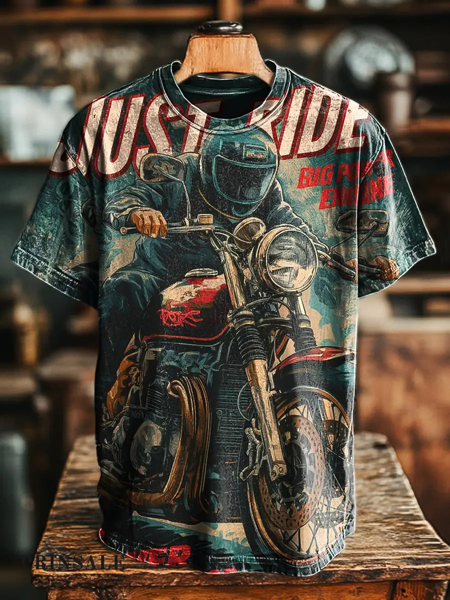 Unisex Retro Biker Just Ride Printed Casual Loose Short Sleeve T-Shirt