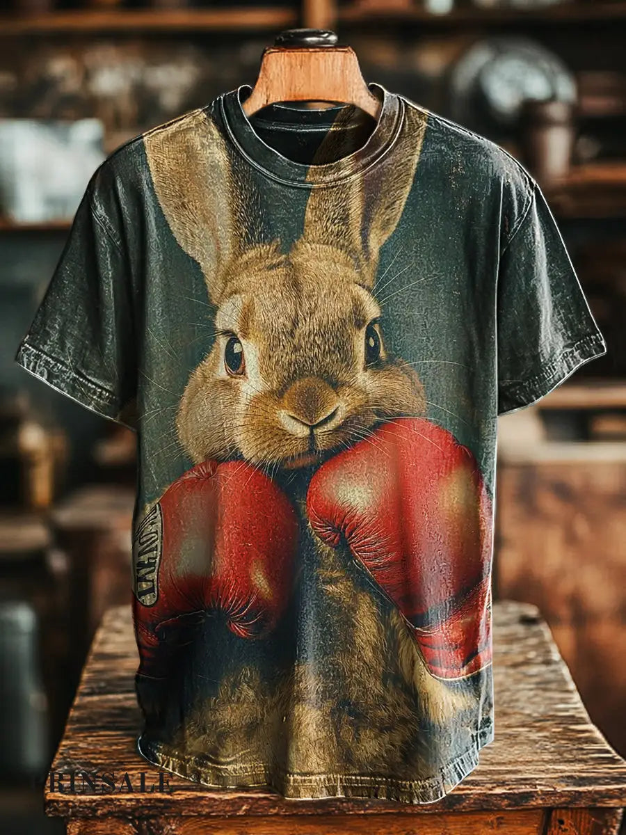 Unisex Retro Boxing Rabbit Print Casual Loose Short Sleeve T-Shirt
