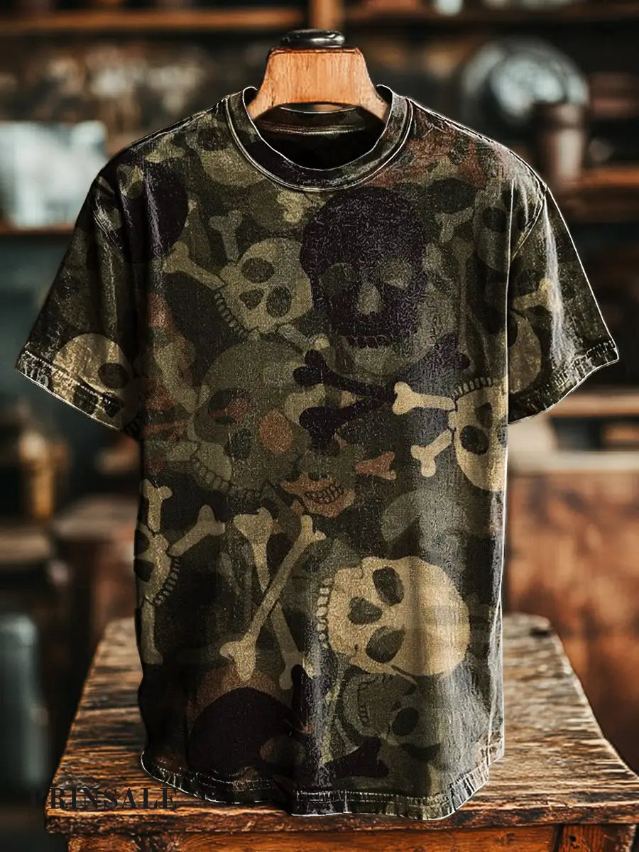Unisex Retro Camouflage Skull Print Casual Loose Short Sleeve T-Shirt