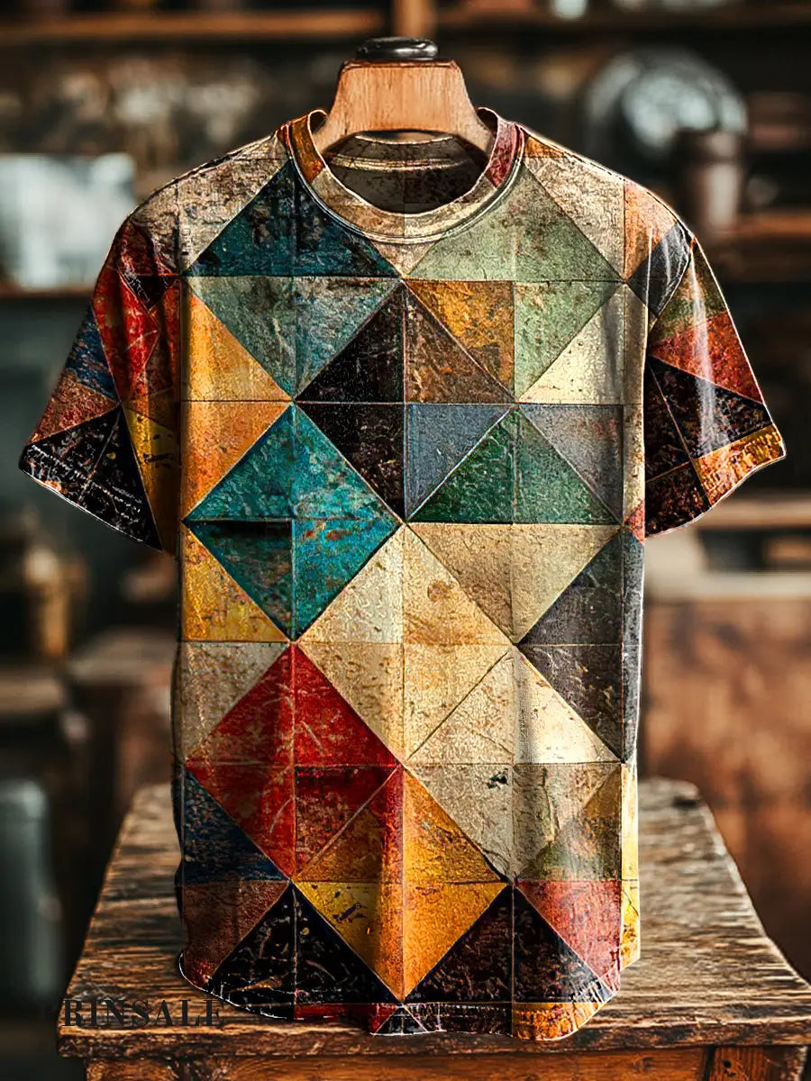 Unisex Retro Color Geometric Print Casual Loose Short Sleeve T-Shirt