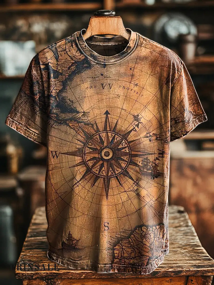Unisex Retro Compass Print Casual Loose Short Sleeve T-Shirt