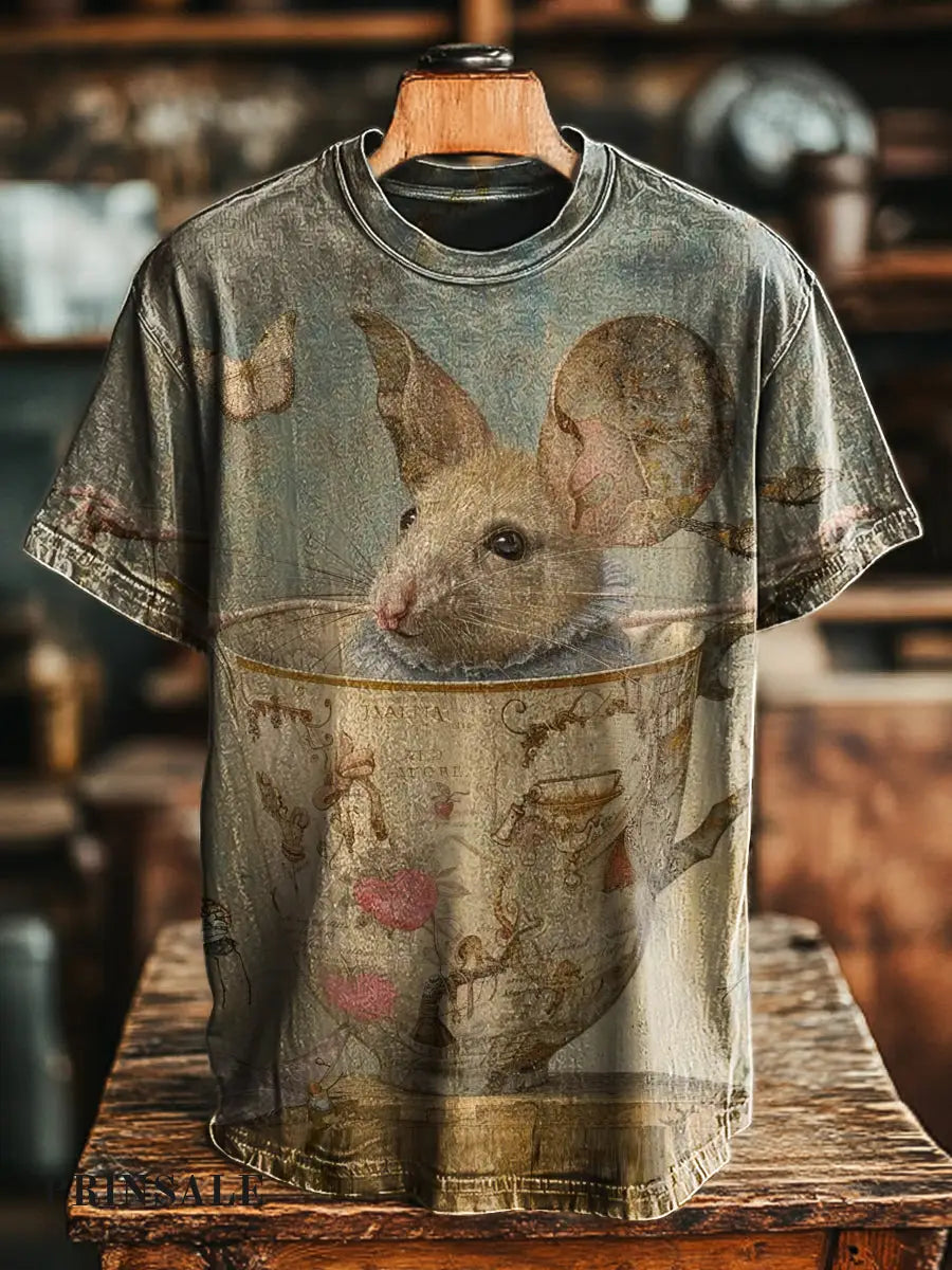 Unisex Retro Fun Teacup Mouse Print Casual Loose Short Sleeve T-Shirt