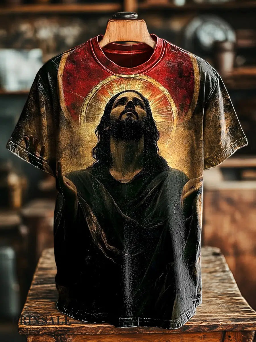 Unisex Vintage Jesus Abstract Print Casual Loose Short Sleeve T-Shirt