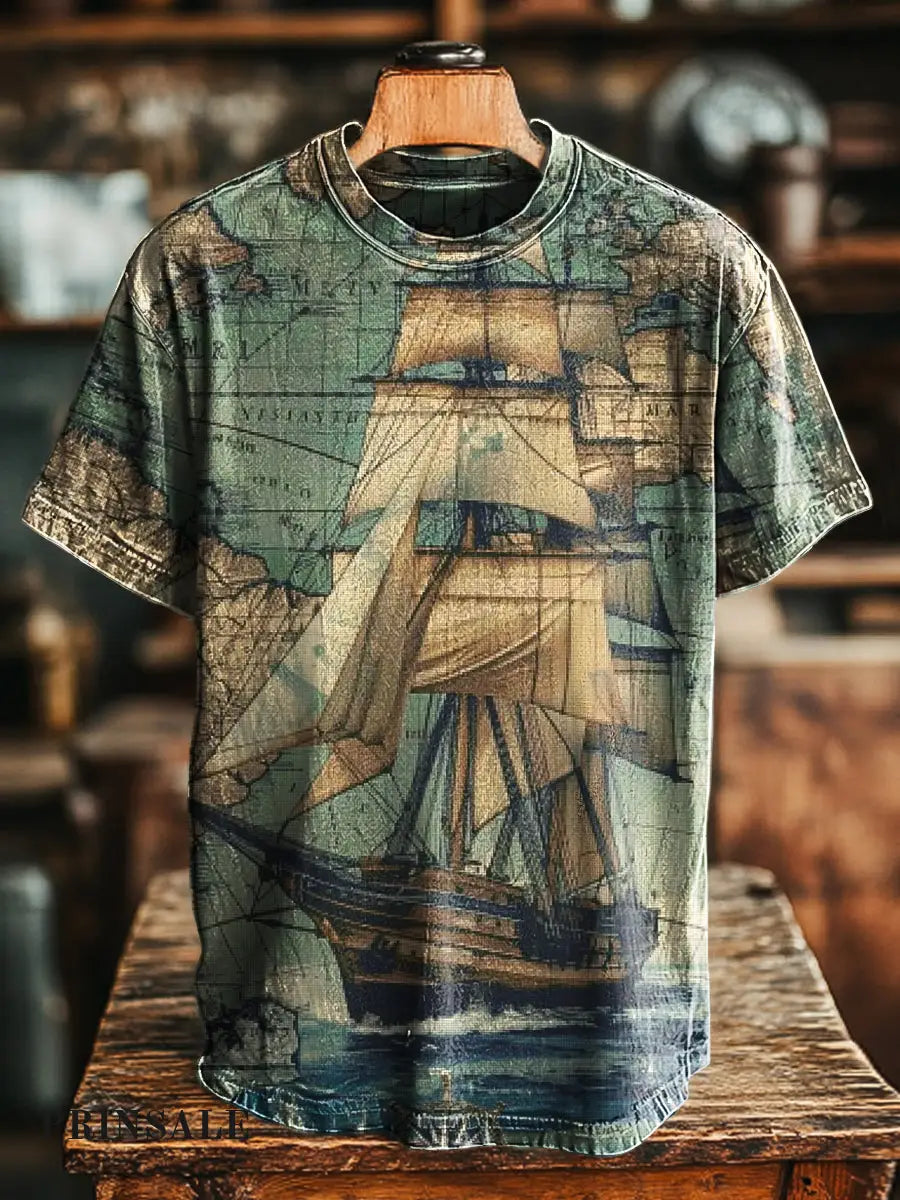 Unisex Vintage Sailing Map Print Casual Loose Short Sleeve T-Shirt