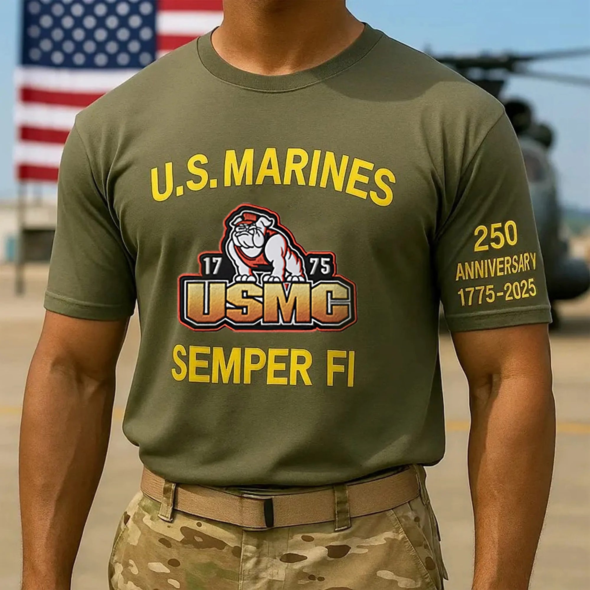 US Marine Corps Semper Fi 250th Birthday Devil Dog T-Shirt Green Marine Corps Gifts - Liberish