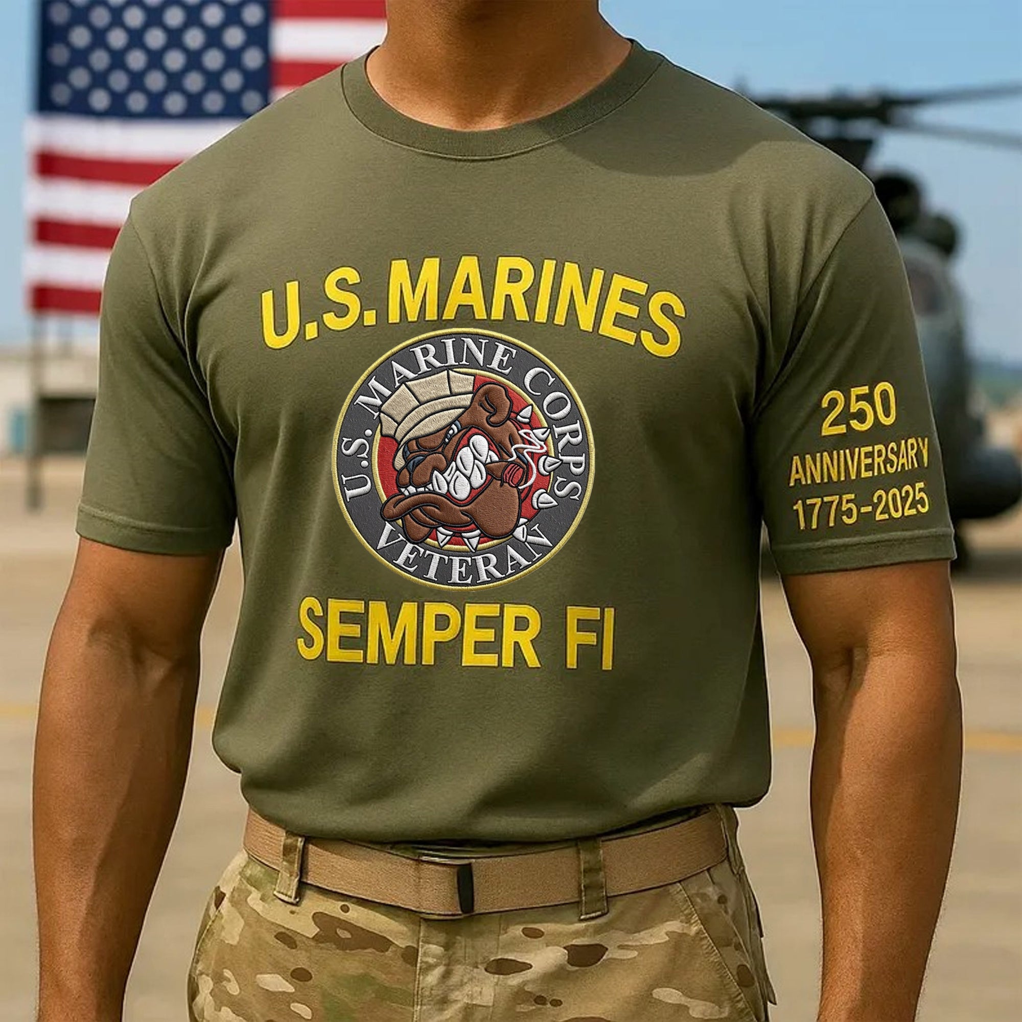 US Marine Corps Semper Fi 250th Birthday Devil Dog T-Shirt Green Marine Corps Shirts - Liberish