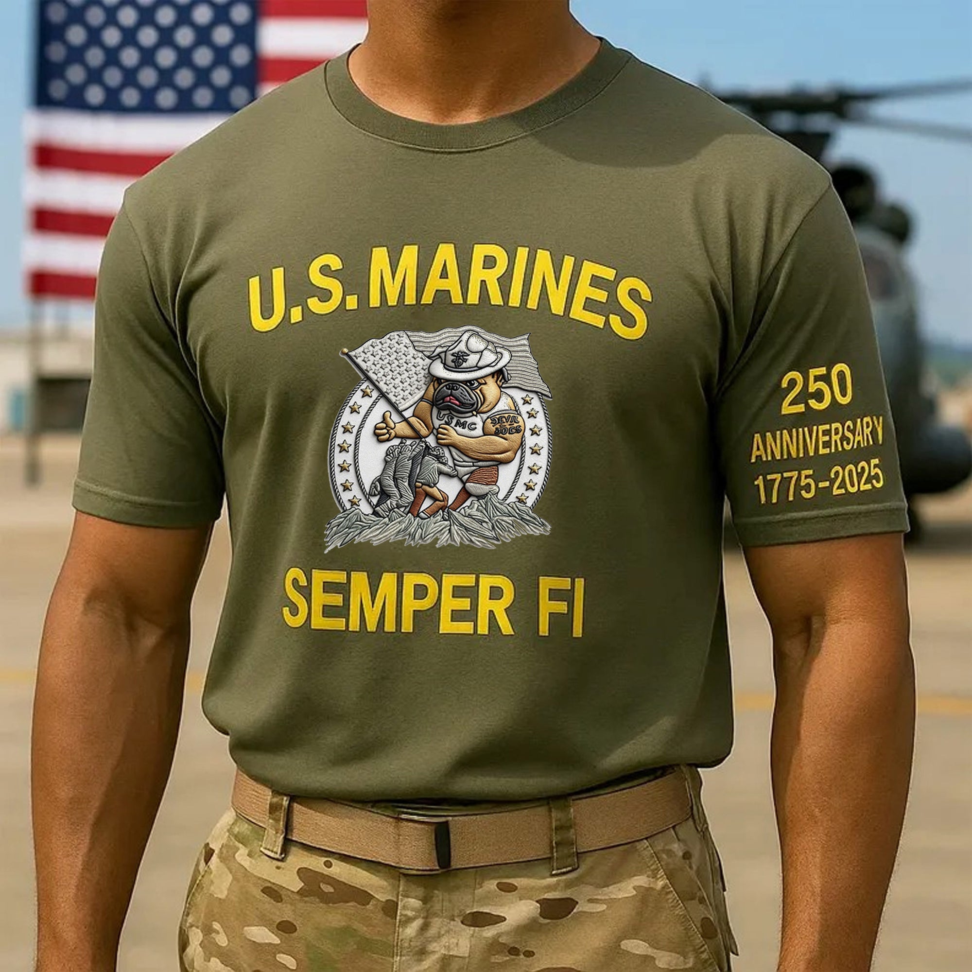 US Marine Corps Semper Fi 250th Birthday Flag Devil Dog T-Shirt Green USMC Gifts - Liberish