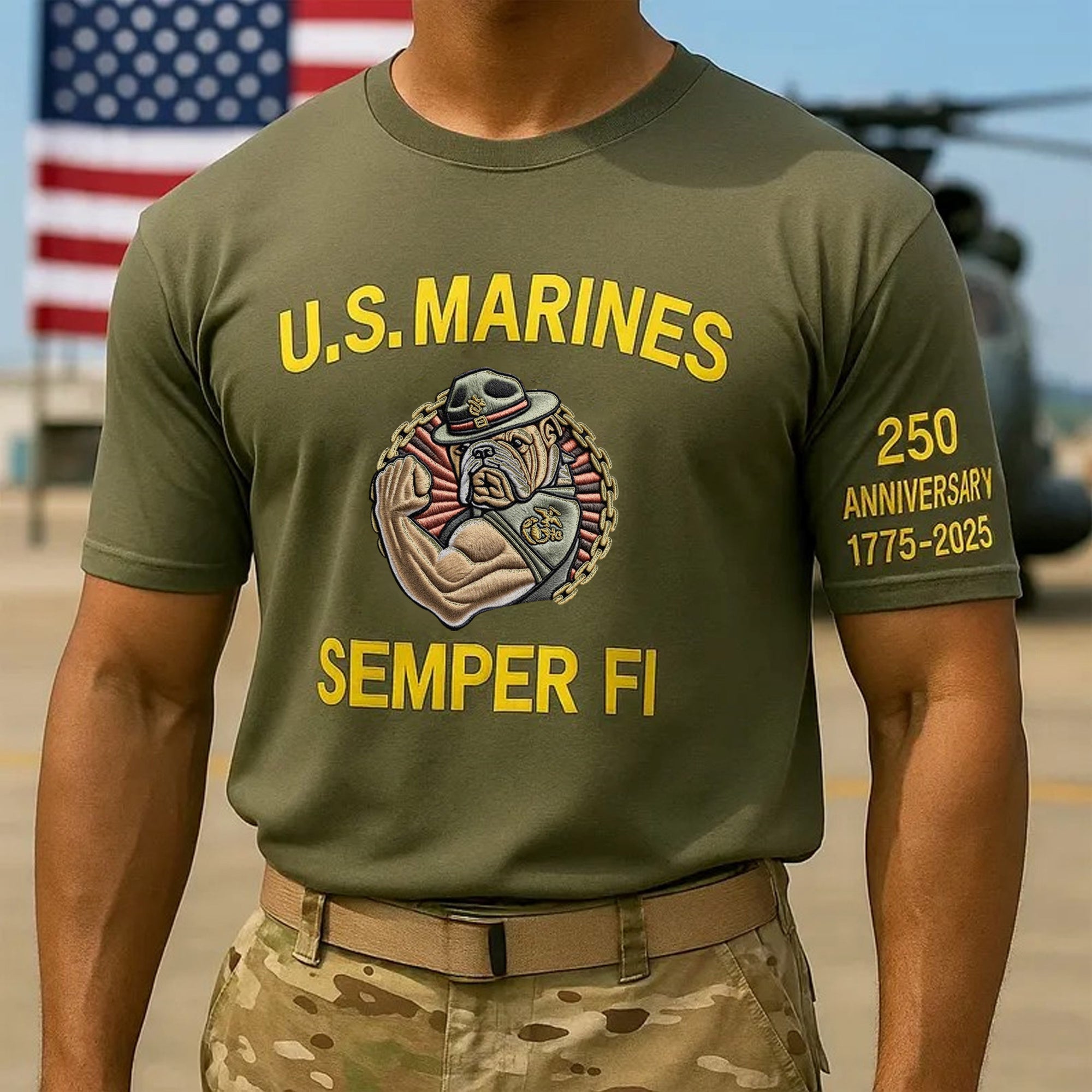 US Marine Corps Semper Fi 250th Birthday Muscle Devil Dog T-Shirt Green USMC Apparel - Liberish