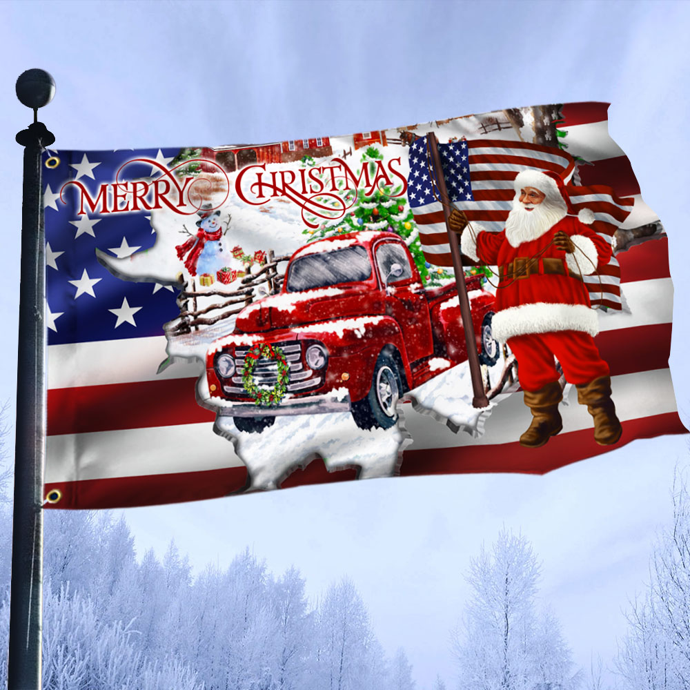 Us Santa Claus Grommet Flag Red Truck Comes Home For Christmas - Liberish
