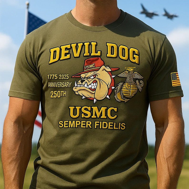 USMC 250th Anniversary Marine Corps Devil Dog Shirt Proud Military Marines T-Shirt Gifts - Liberish