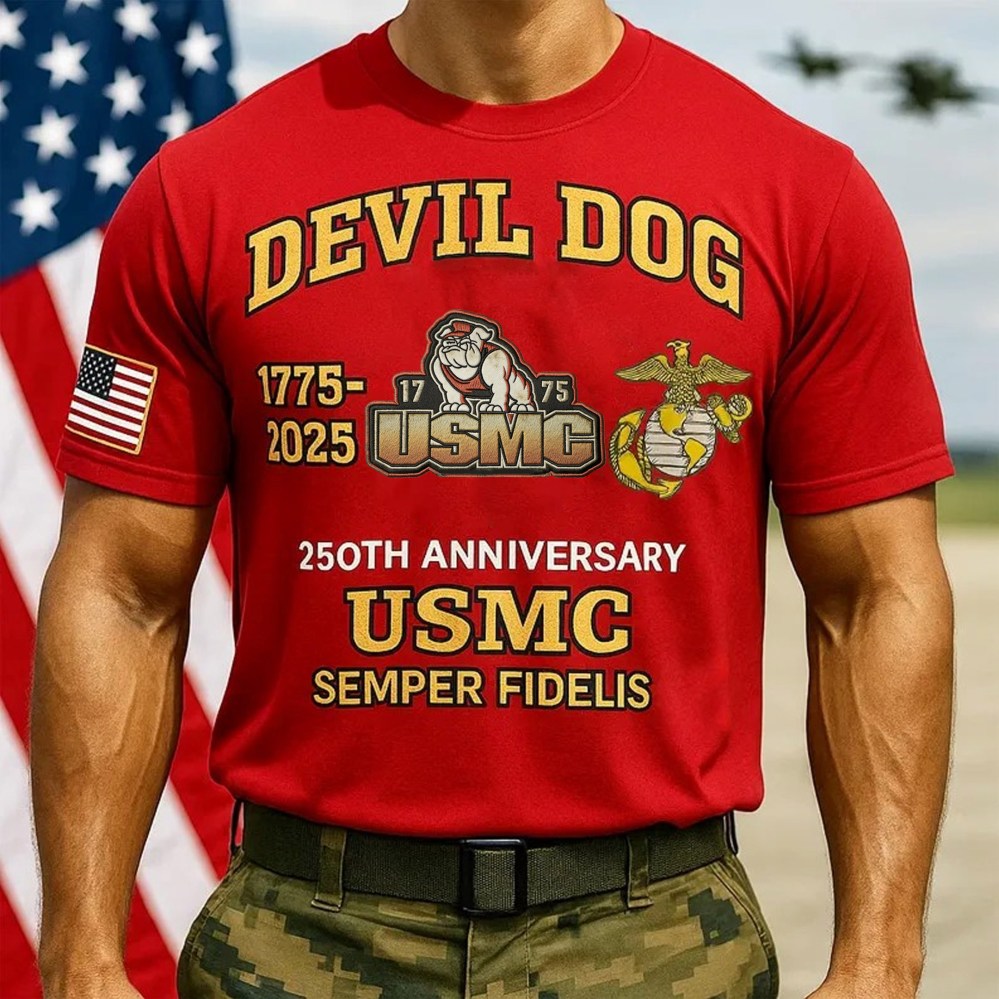 USMC 250th Birthday Bull Dog Retro T-Shirt Marine Corps Shirt Dudes Gift - Liberish