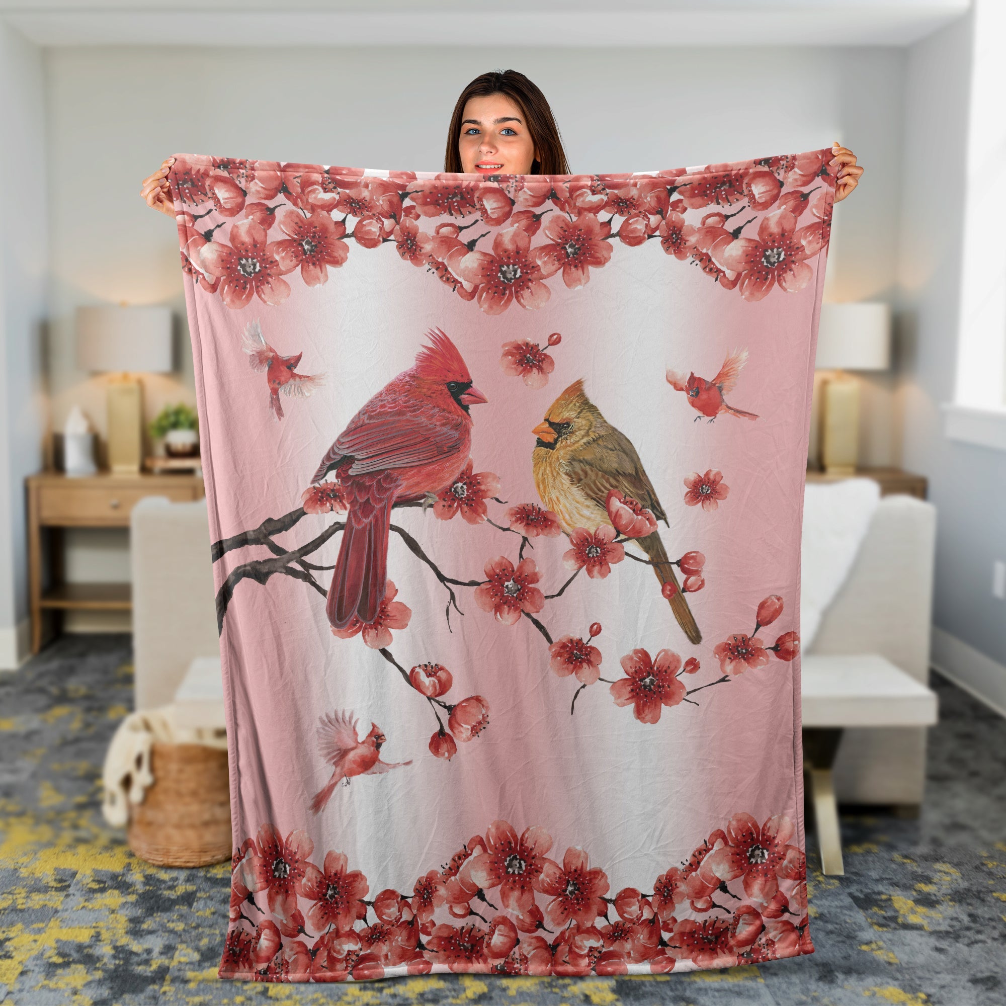 Memorial Blanket, Heaven Blanket, Cardinal Couples Blanket, Sympathy Gift, Remembrance Gift - Red Peach Blossom, Flower Frame, Spring Drawing