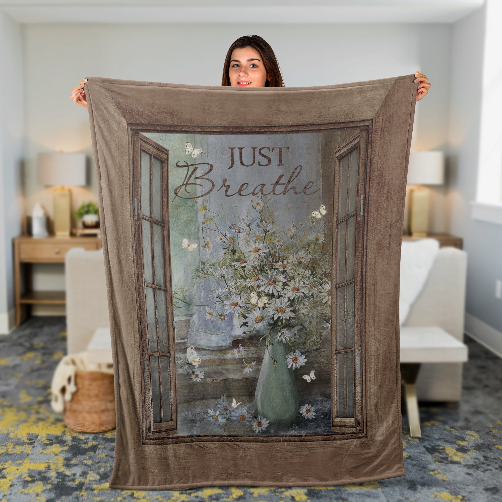 Christian Throw Blanket, Faith Blanket, Jesus Blanket, Inspirational Gift - Watercolor Daisy And Butterfly Blanket, Vintage Window, Just Breathe
