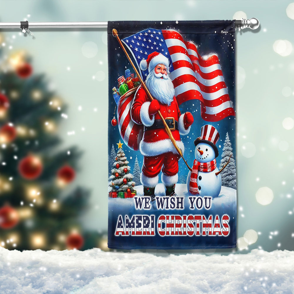 We Wish You Ameri Christmas Santa Claus And Snowman Flag - Liberish