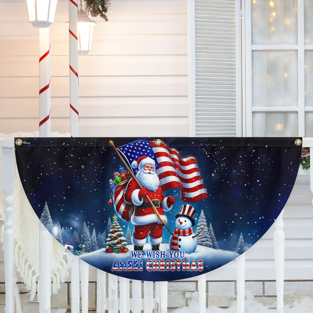 We Wish You Ameri Christmas Santa Claus Snowman Non Pleated Fan Flag - Liberish