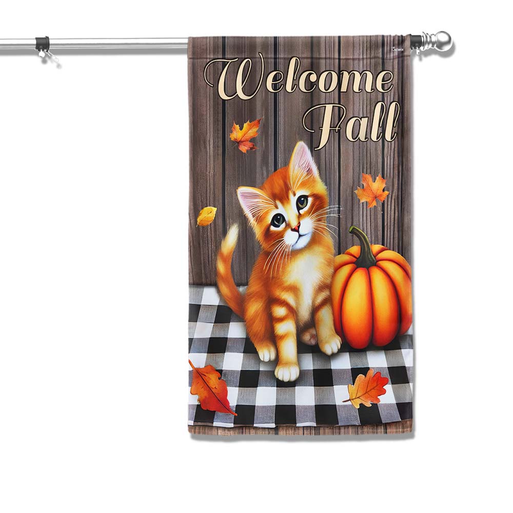 Welcome Fall Cat Pumpkin Autumn Thanksgiving Flag - Liberish