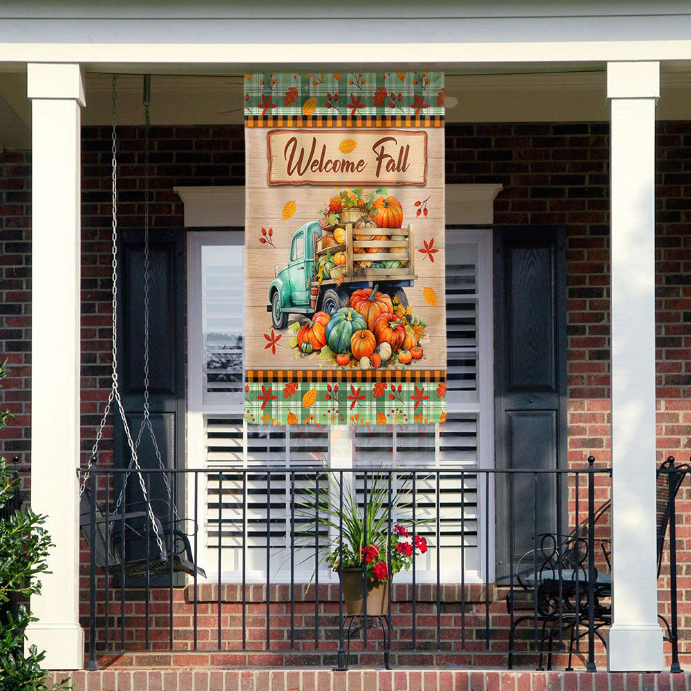 Welcome Fall Pumpkins Harvest Truck Thanksgiving Flag - Liberish