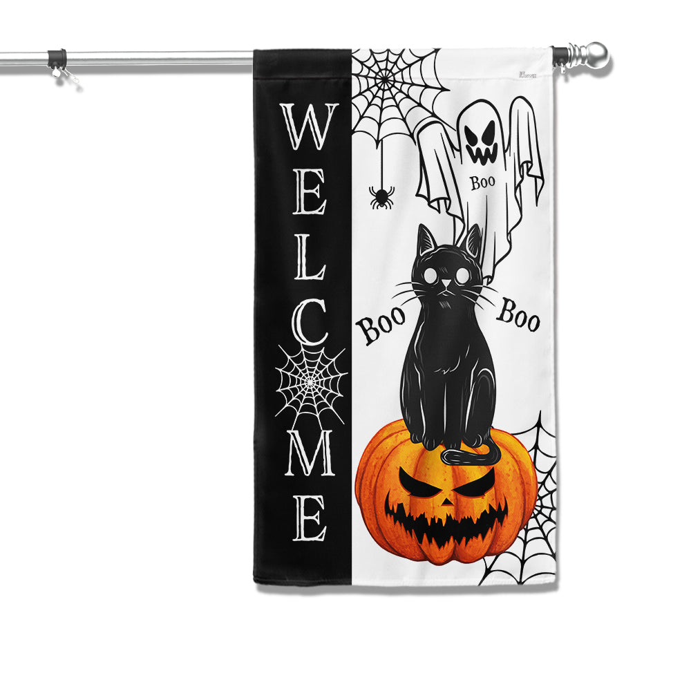 Welcome Halloween Black Cat Pumpkin Flag - Liberish
