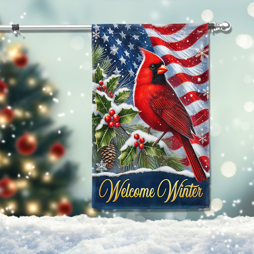 Welcome Winter Cardinal Bird Christmas American Flag - Liberish