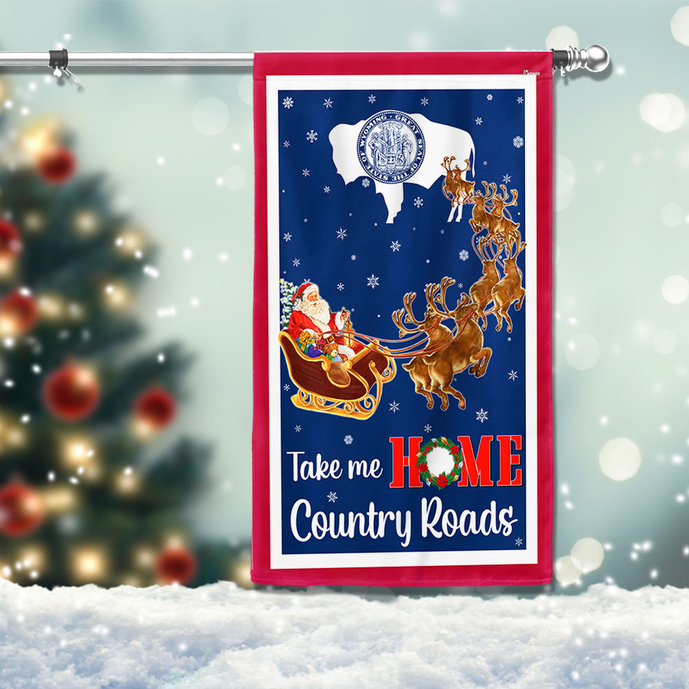 Wyoming Take Me Home Country Roads Christmas Santa Claus Flag - Liberish