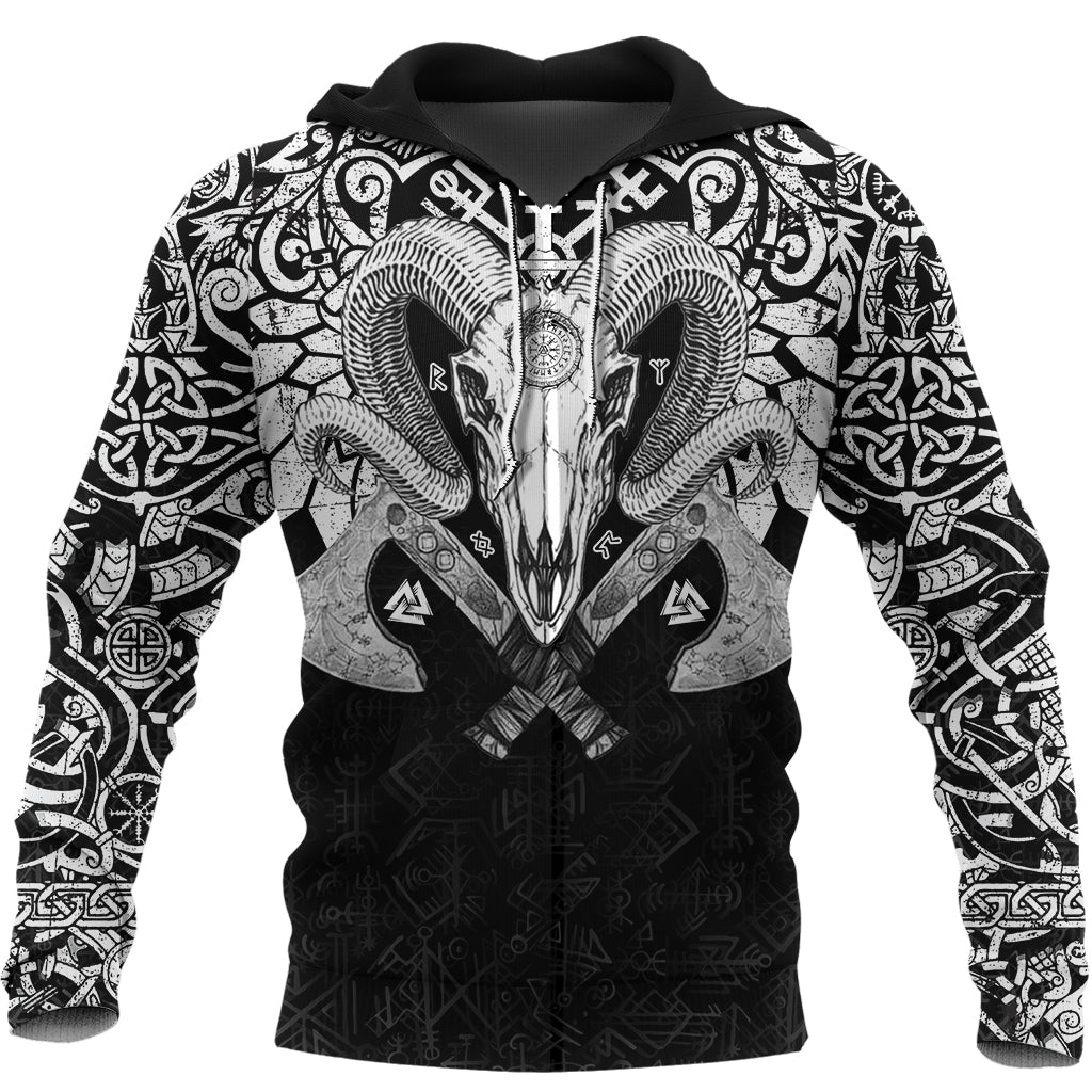 Viking Ram Skull Tattoo With Vegvisir and Valknut Hoodie RLT12